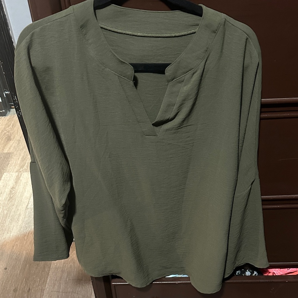 Women's Olive Green Split-Neck Blouse